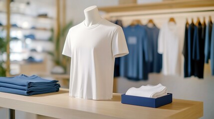 Minimalist fashion display: white t-shirt on mannequin in trendy boutique setting