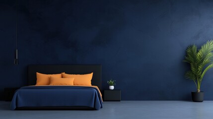 A bedroom with a blue wall and a bed with orange pillows
