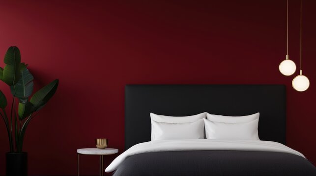 A bedroom with a red wall and a black bed with white pillows