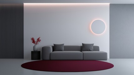 A living room with a grey couch and a red rug