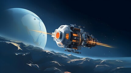 Fototapeta premium Advanced space probe flying near a planet’s surface with atmospheric details