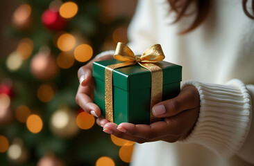 Close-up of a black woman's hands holding a green gift box with gold ribbon against the background of a cozy room with Christmas decorations
