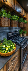 A cozy kitchen scene featuring fresh vegetables and hanging herbs.