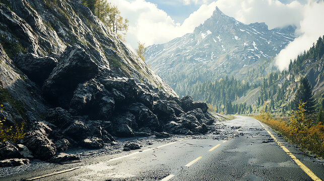 A large rockslide obstructs a mountain road in a rugged landscape under clear skies
