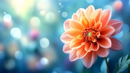 Fototapeta premium Close-up view of a beautiful orange dahlia flower with soft focus effect on a blurred blue background.