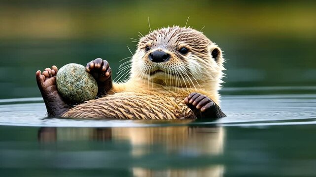 Playful Otter in Water: A charming river otter enjoys a playful moment, cradling a smooth stone in its paws as it floats serenely on the water's surface.