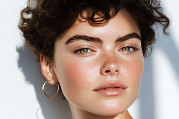 Close-Up Portrait of a Young Woman with Curly Hair and Hoop Earring in Natural Light