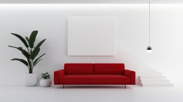 A red couch sits in front of a white wall with a large white picture frame