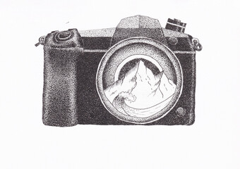Pen and ink drawing of a camera with the image of mountain and sea in the lense