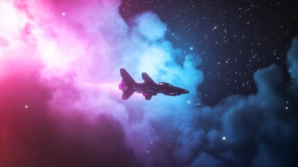 Naklejka premium A futuristic spacecraft traveling through a colorful cosmic nebula.