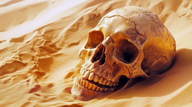 Weathered human skull partially buried in desert sand under sunlight