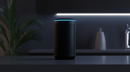A black smart speaker is lit up in a kitchen