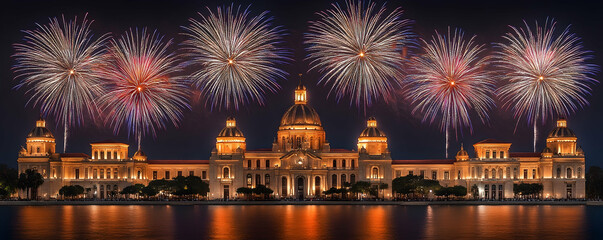 Fototapeta premium Fireworks display over illuminated building at night.