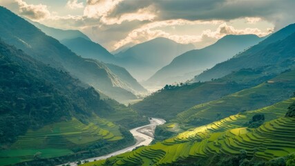 Fototapeta premium Valley's Embrace: An expansive vista unfolds, where rolling green terraces give way to towering mountains, a serene river snaking through the heart of the valley, all kissed by the soft.