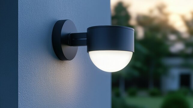 A black light fixture with a white light bulb is mounted on a wall - Powered by Adobe