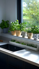 Kitchen herbs displayed on windowsill, organized in ceramic pots and containers.  Modern, bright, and organized kitchen with fresh herbs.