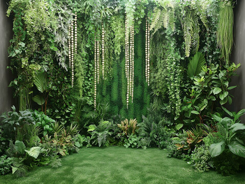 Lush green wall, plants, grass floor.