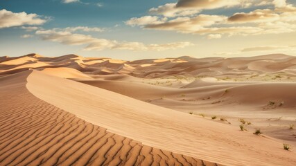 Fototapeta premium Endless Dunescape: Captivating desert landscape under a dramatic sky. The sand dunes ripple across the foreground, leading the eye to the horizon where the sun casts a warm glow.