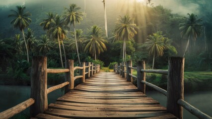 Bridge to Paradise: A rustic wooden bridge beckons, extending over a tranquil river, leading towards a tropical paradise filled with lush palm trees and vibrant greenery.