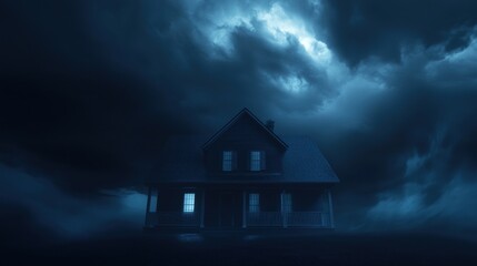 A house is shown in a dark, stormy night