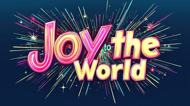 Abstract Christmas light burst with a gradient from neon pink to electric yellow, softly glowing on a midnight blue background, with the words "Joy to the World" in bright, festive font