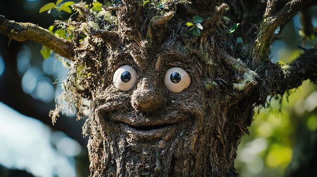 A large tree with a whimsical derp face carved into its trunk, surrounded by greenery in a sunny outdoor setting