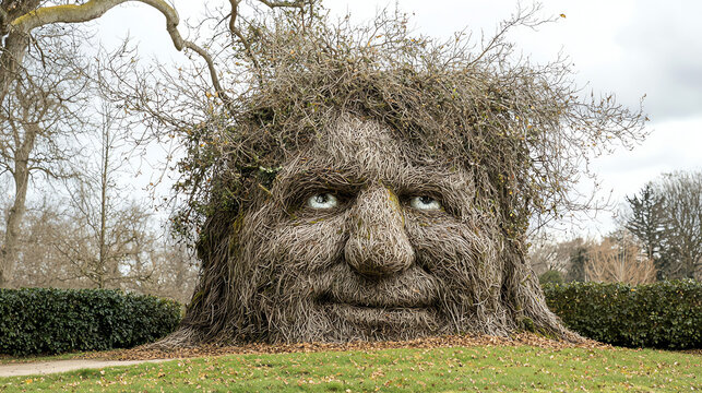 A large tree with a whimsical derp face on its trunk surrounded by a green landscape on a cloudy day