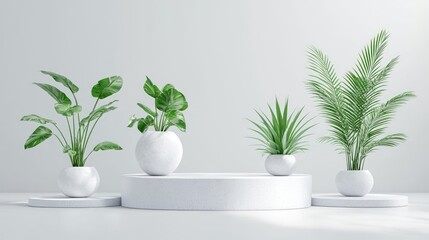 Fototapeta premium Several types of indoor plants in white pots in a bright room.