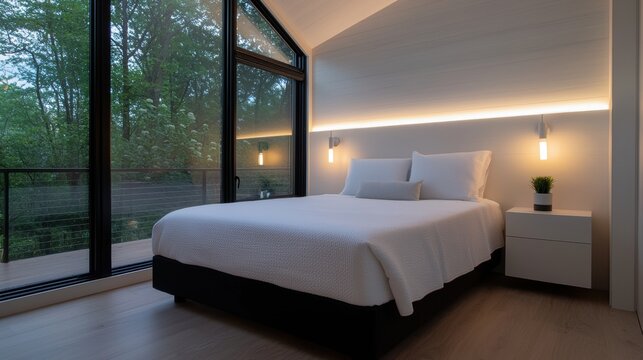 A large bed with a white comforter and black box spring