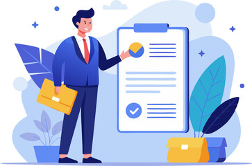 transparent png illustration of a businessman presenting a checklist for task management and project planning.