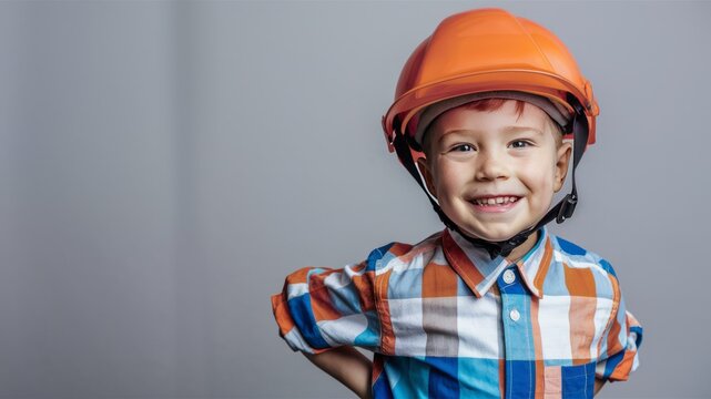 Young Engineer: A cheerful little boy sporting a bright orange hard hat and checkered shirt, radiates optimism and a playful spirit, ready to explore the world of engineering with confidence.