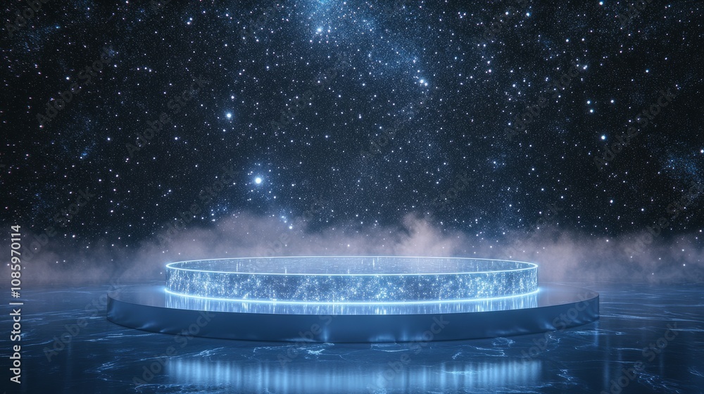 Wall mural 3d rendered abstract backdrop with empty podium stage in the cosmos with stars