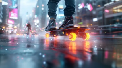 Obraz premium A skateboarder is riding a skateboard with a neon light on the bottom