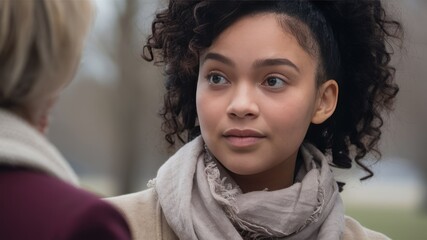 Obraz premium Empathetic Exchange: A close-up shot capturing a heartfelt moment between two women. A young woman with curly dark hair gazes intently with an expression of focused listening.