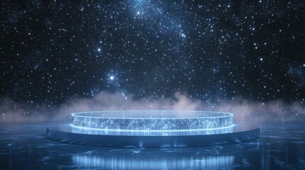 3d rendered abstract backdrop with empty podium stage in the cosmos with stars