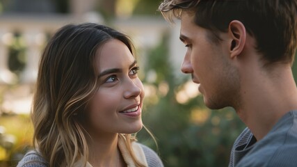 Fototapeta premium Whispered Affection: Captivating portrait of a young couple, caught in a moment of tender intimacy. The woman gazes adoringly at her partner.