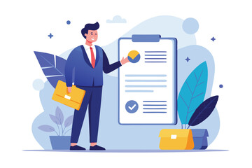 vector illustration of a businessman presenting a checklist or project plan for task management and success.