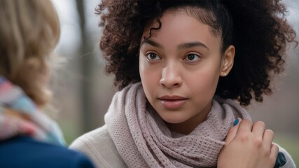 Obraz premium Unveiling Connection: A close-up captures a tender moment, two women engaged in an empathetic conversation outdoors. Expressing warmth and depth through nuanced facial expressions and body language. 