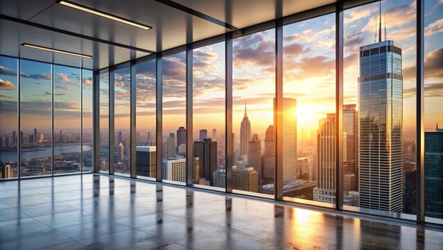 Empty office in Business centr with many glass windows in sunset with panoramic skyline city arhitecture. business background with skyscrapers, business office buildings. banner
