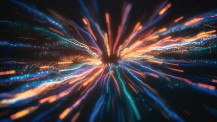 Cosmic Energy Flow: A vibrant visual symphony of flowing, multicolored lines and particles converging towards a central point, evoking a sense of energy, speed, and interconnectedness.