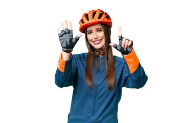 Young cyclist woman over isolated chroma key background counting seven with fingers