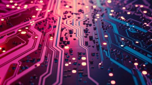 Circuitry in Neon:  A captivating close-up of a circuit board, bathed in vibrant neon lights. The intricate network of pathways and components creates a mesmerizing abstract pattern.