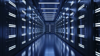 Data Fortress: A gleaming server room with rows of advanced technology. Reflective floors and intricate server racks show digital infrastructure.
