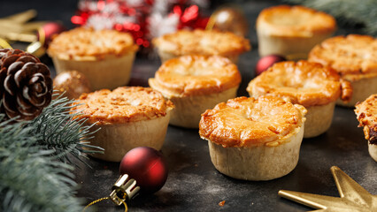 Christmas steak mini pie with decoration, gifts, green tree branch