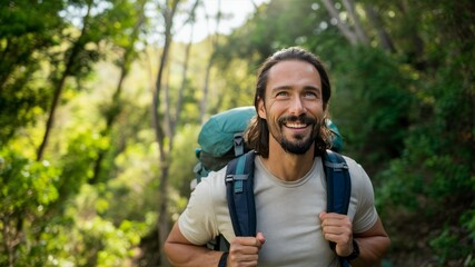 Adventure's Embrace: A joyful hiker smiles, carrying a backpack on a lush, sun-dappled trail. A feeling of peace, adventure, and the outdoors.