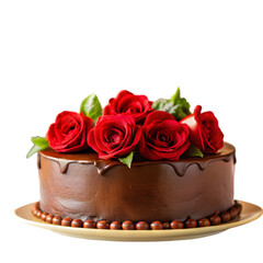 chocolate cake with red roses on transparent background