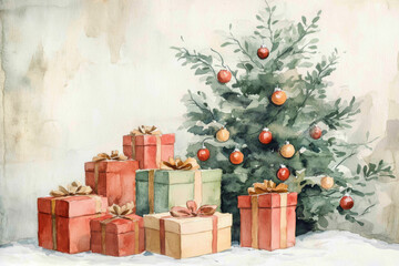 Festive watercolor illustration of a cozy Christmas tree surrounded by beautifully wrapped presents in soft colors