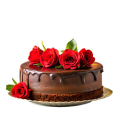 chocolate cake with red roses on transparent background