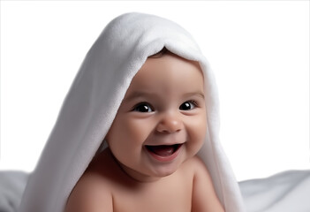 Portrait of happy smiling baby with  white towel cutout, baby, toddler, small, children, cute, beauty, beautiful, bathe, isolated png