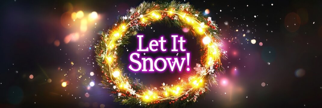 Abstract Christmas wreath with glowing gradients transitioning from bright yellow to deep purple, set on a dark backdrop with a soft light effect, with the words "Let It Snow!" in glowing text style - Powered by Adobe